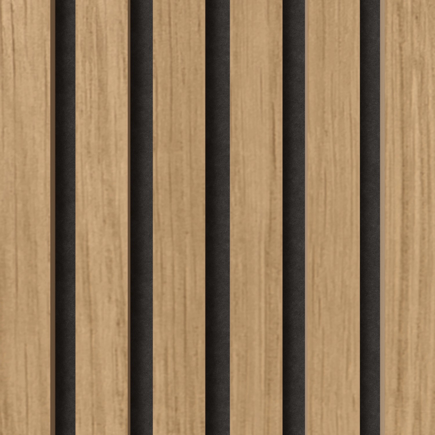 Akustikpaneel Eiche Natur auf Schwarz: Wandverkleidung mit Holz- und Filzstreifen für besseren Raumklang.