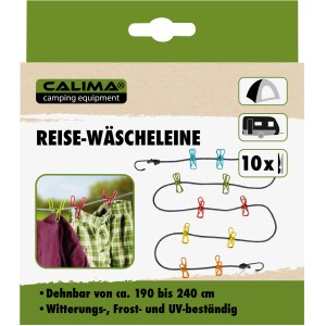 Calima Reise-Wäscheleine, dehnbar von 190-240 cm, mit 10 Klammern, ideal für Camping.