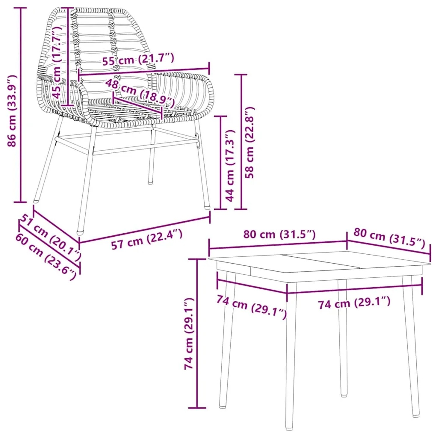 vidaXL 5-teiliges Garten-Esszimmerset, braunes Rattan, Glas, mit Maßangaben.
