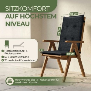 Dunkelgraue Florence Hochlehner Auflage auf Holz-Gartenstuhl. Komfortables Sitzkissen mit 50x50x5cm Sitzfläche und 70cm Rückenlehne.