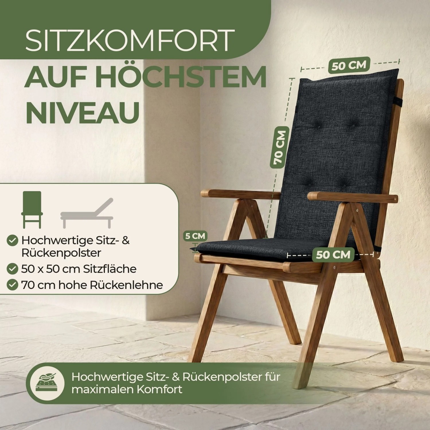 Dunkelgraue Florence Hochlehner Auflage auf Holz-Gartenstuhl. Komfortables Sitzkissen mit 50x50x5cm Sitzfläche und 70cm Rückenlehne.