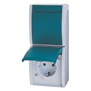 BuschJäger Feuchtraum Kombination: Aufputz Steckdose/Wechselschalter IP44, blau/grau.