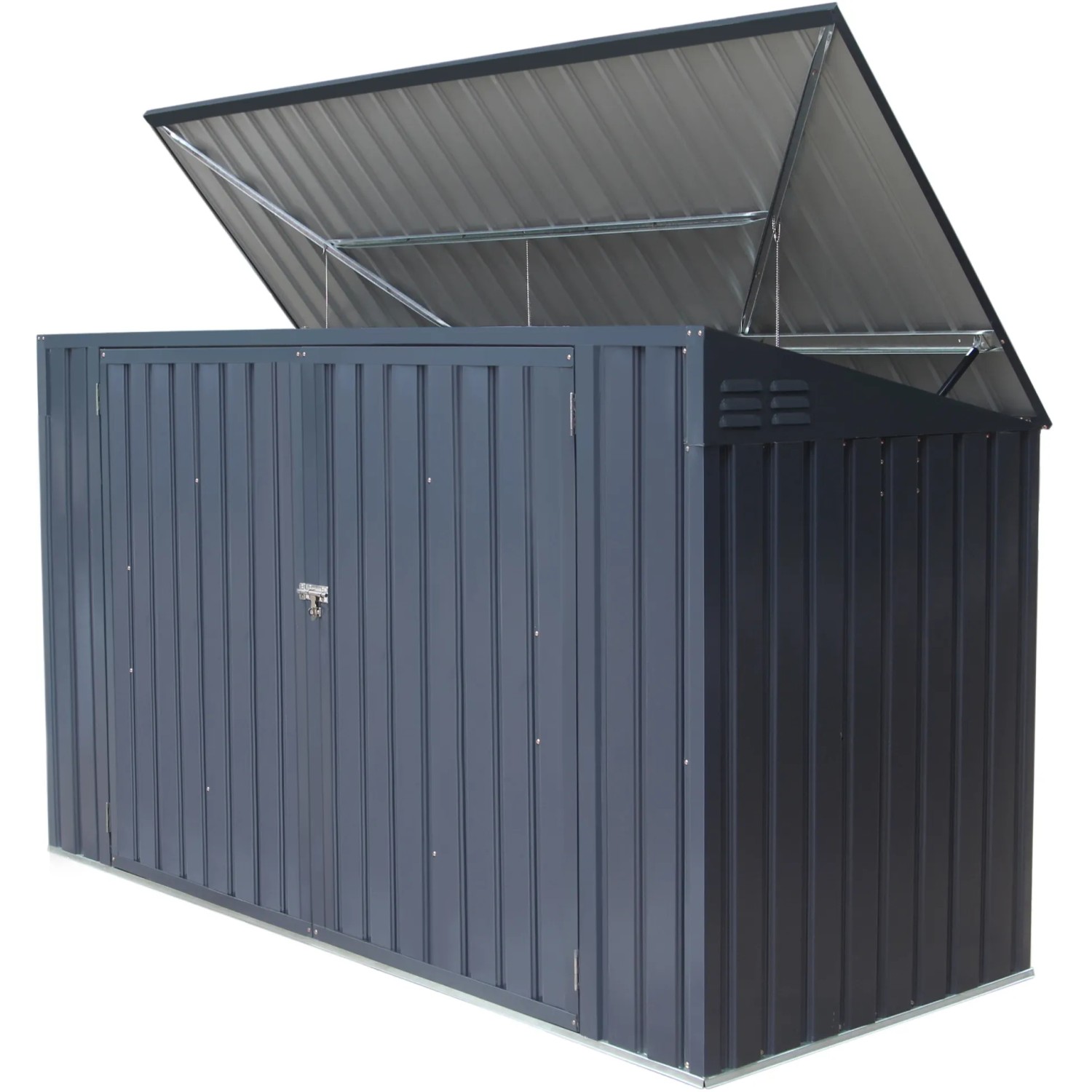 Graue Metall Mülltonnenbox für 3 Tonnen (240L) mit geöffnetem Deckel.