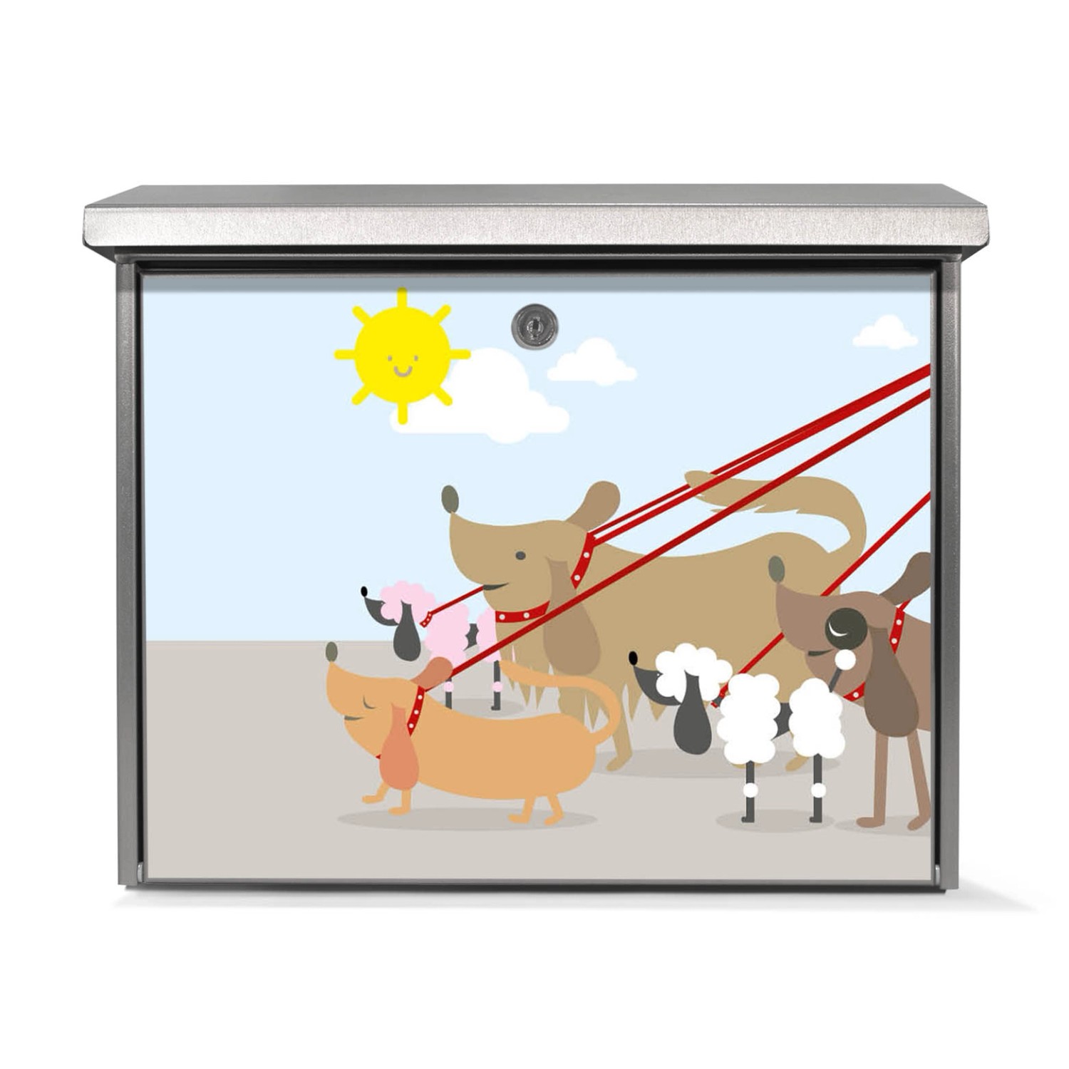 Edelstahl Briefkasten mit Gassi-Gehen-Motiv, 38.5x31.5x12cm, ohne Zeitungsfach.