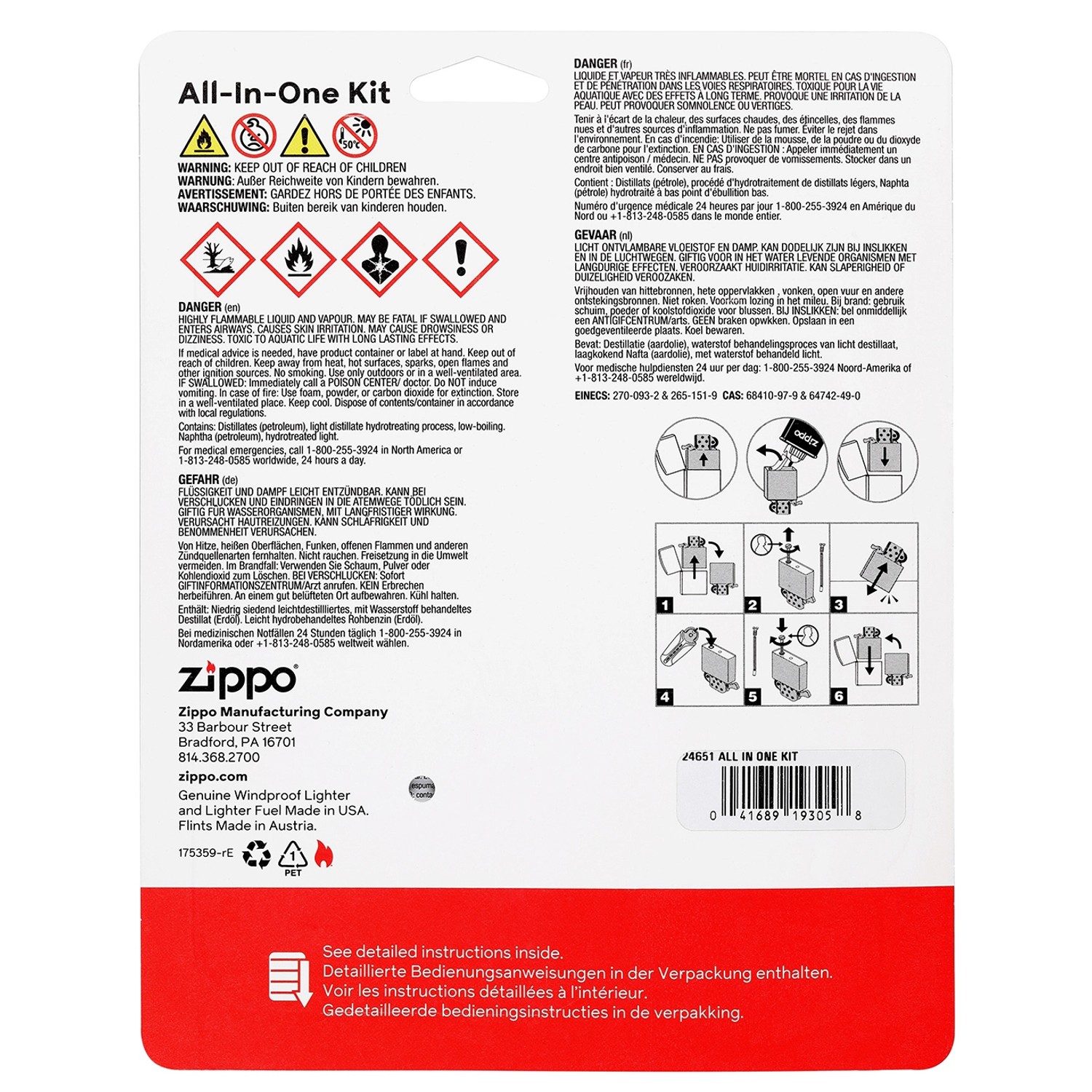 Zippo Starter-Kit: Sturmfeuerzeug, Feuerzeugbenzin und Feuersteine für den sofortigen Gebrauch.