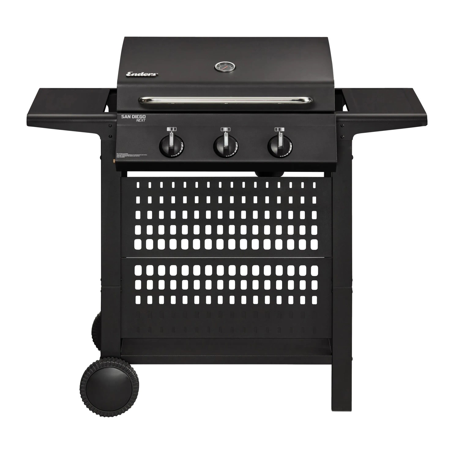 Enders Gasgrill San Diego Next 3, schwarzer Grillwagen mit 3 Brennern und Seitenablagen.