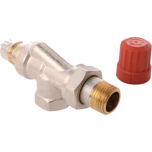 Danfoss Thermostatventil-Unterteil, Axialform, 13 mm (1/2), Messing, mit roter Schutzkappe.