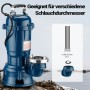 Blaue Wiltec Schmutzwasserpumpe mit Griff und Schlauchanschluss. Geeignet für verschiedene Durchmesser, z.B. 59.25 mm. Für Entwässerung.