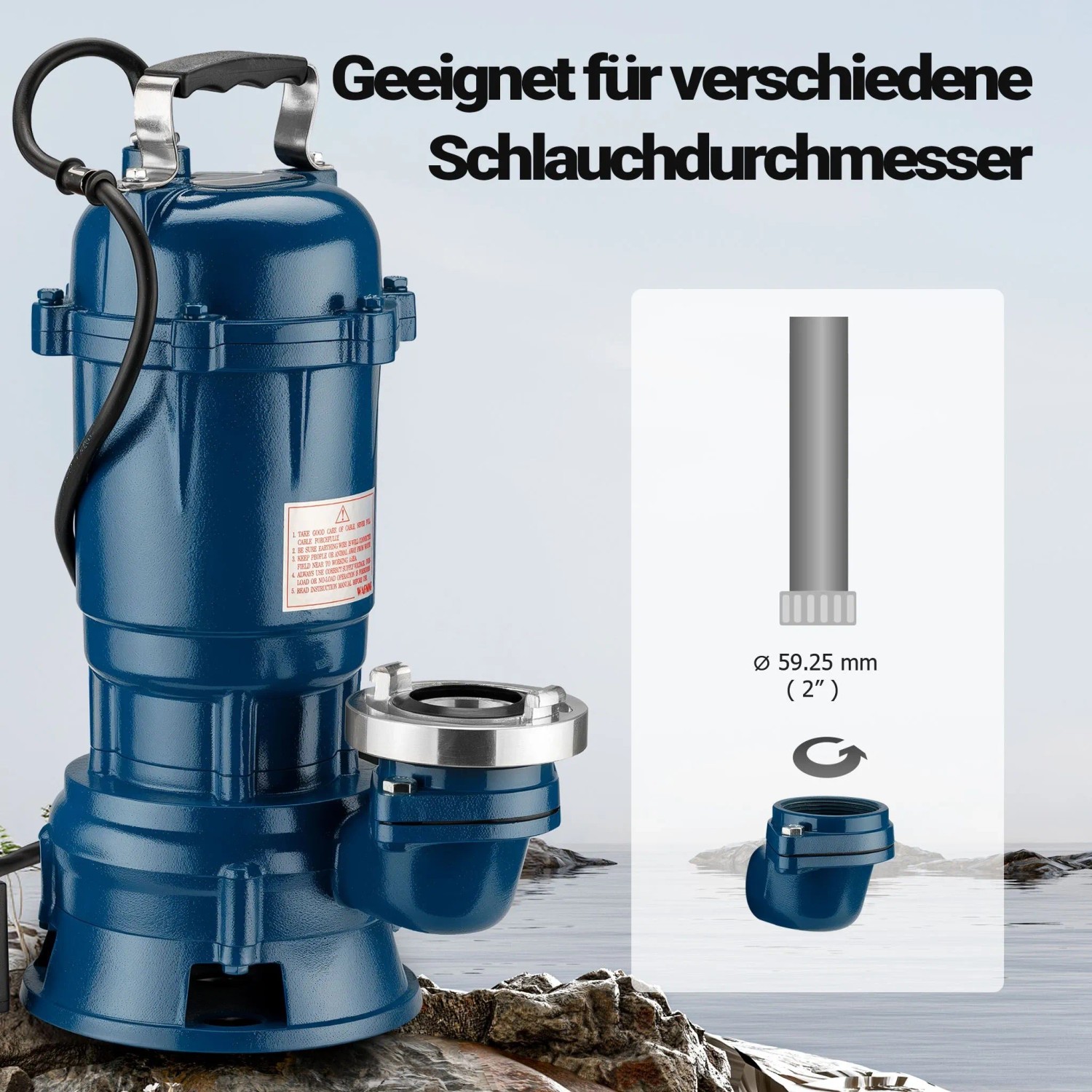 Blaue Wiltec Schmutzwasserpumpe mit Griff und Schlauchanschluss. Geeignet für verschiedene Durchmesser, z.B. 59.25 mm. Für Entwässerung.