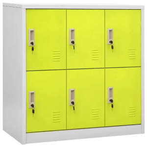 Hellgrau-grüner Schließfachschrank aus Stahl, 6 Fächer, für Büro oder Werkstatt.