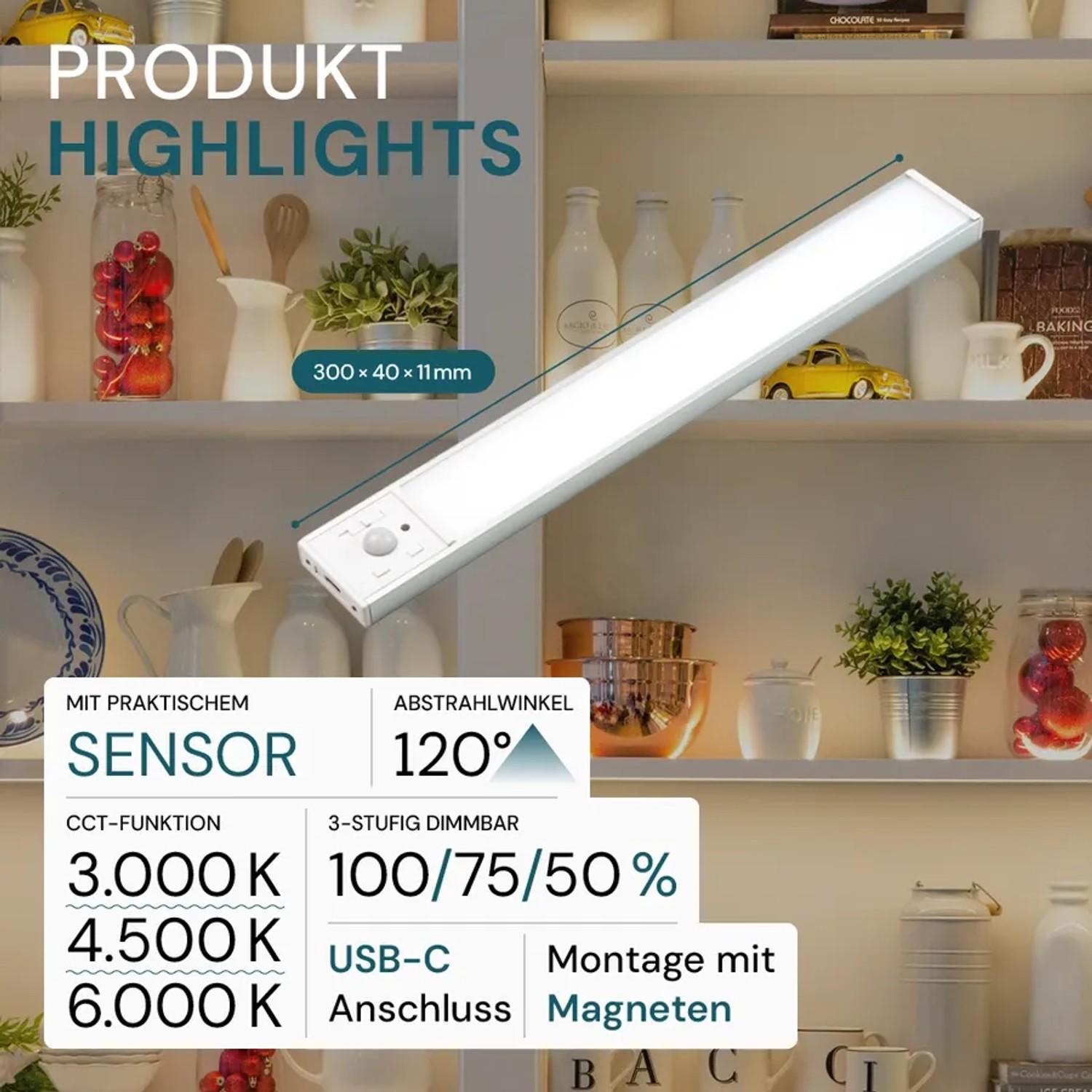 LUXULA LED Unterbauleuchte, dimmbar, mit Akku, Magnethalterung, silber, 30cm. Ideal für Küche & Schrank.