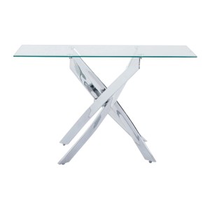 Eleganter Konsolentisch Cosima mit transparenter Glasplatte und silbernem X-Gestell. 120 cm breit.