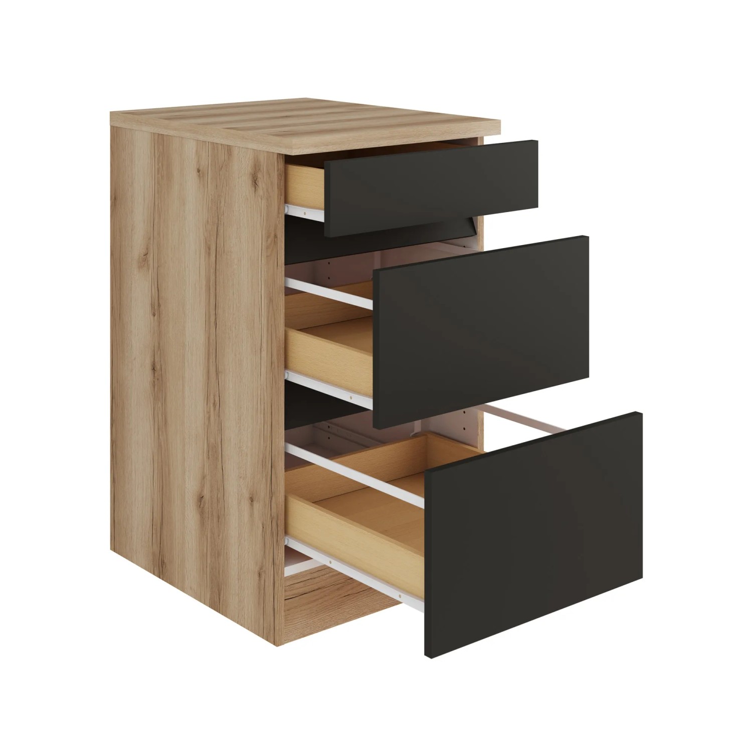 Optifit Küchenunterschrank Noah420 mit 3 Auszügen, Anthrazit und Wildeiche Dekor.