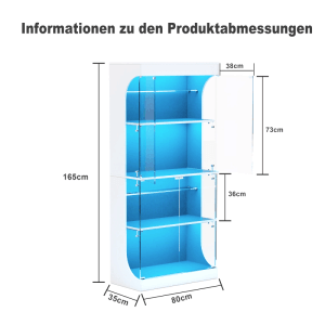 Weiße Glasvitrine 80x35x165cm mit blauer LED-Beleuchtung, vier Glasböden und offener Tür.