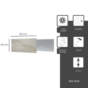 Fenix Infrarotheizung ECOSUN Keramik 400W, beige, mit Maßangaben. Elektrische Heizung für Wandmontage.