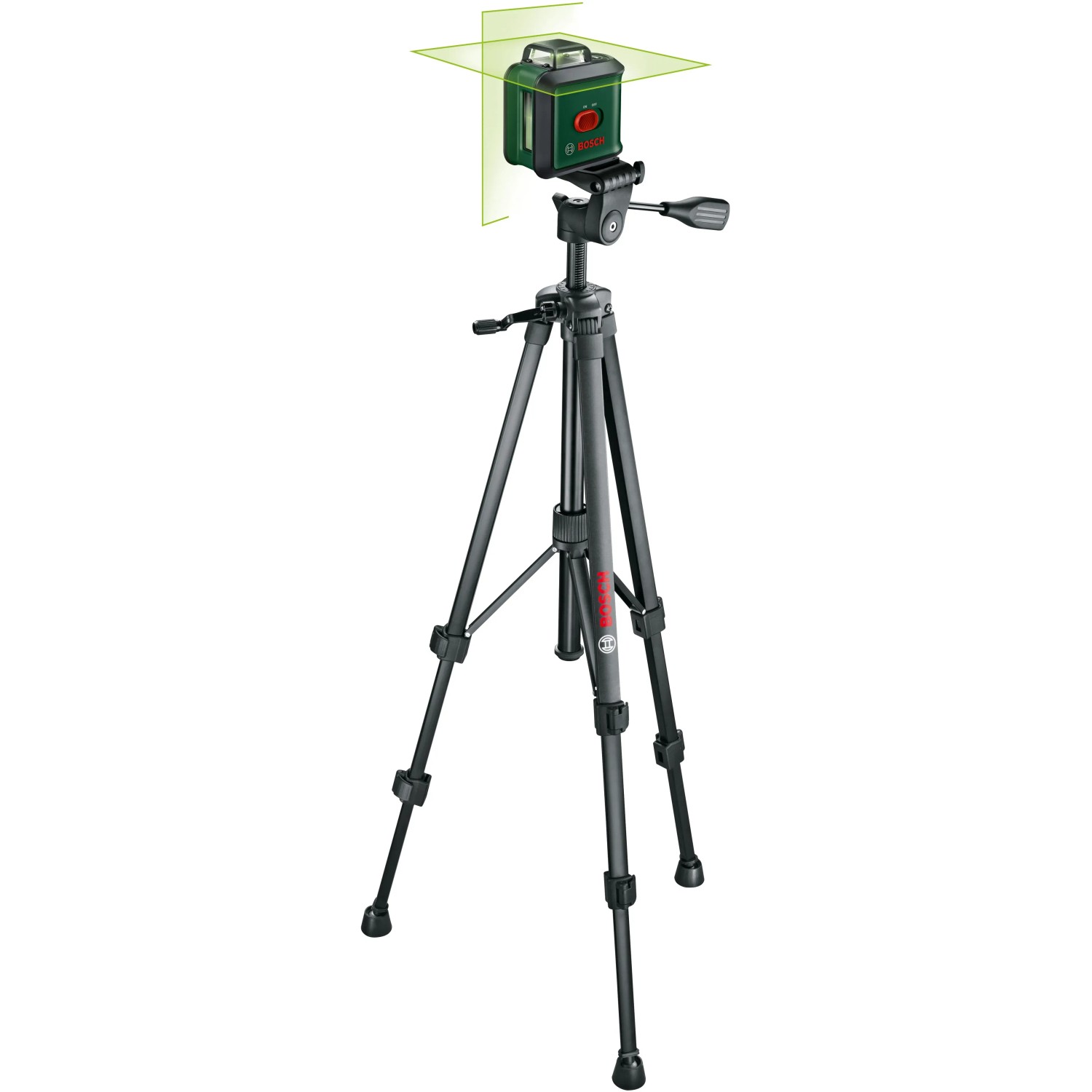 Bosch UniversalLevel 360 Kreuzlinienlaser mit Stativ, projiziert grüne 360°-Linie.