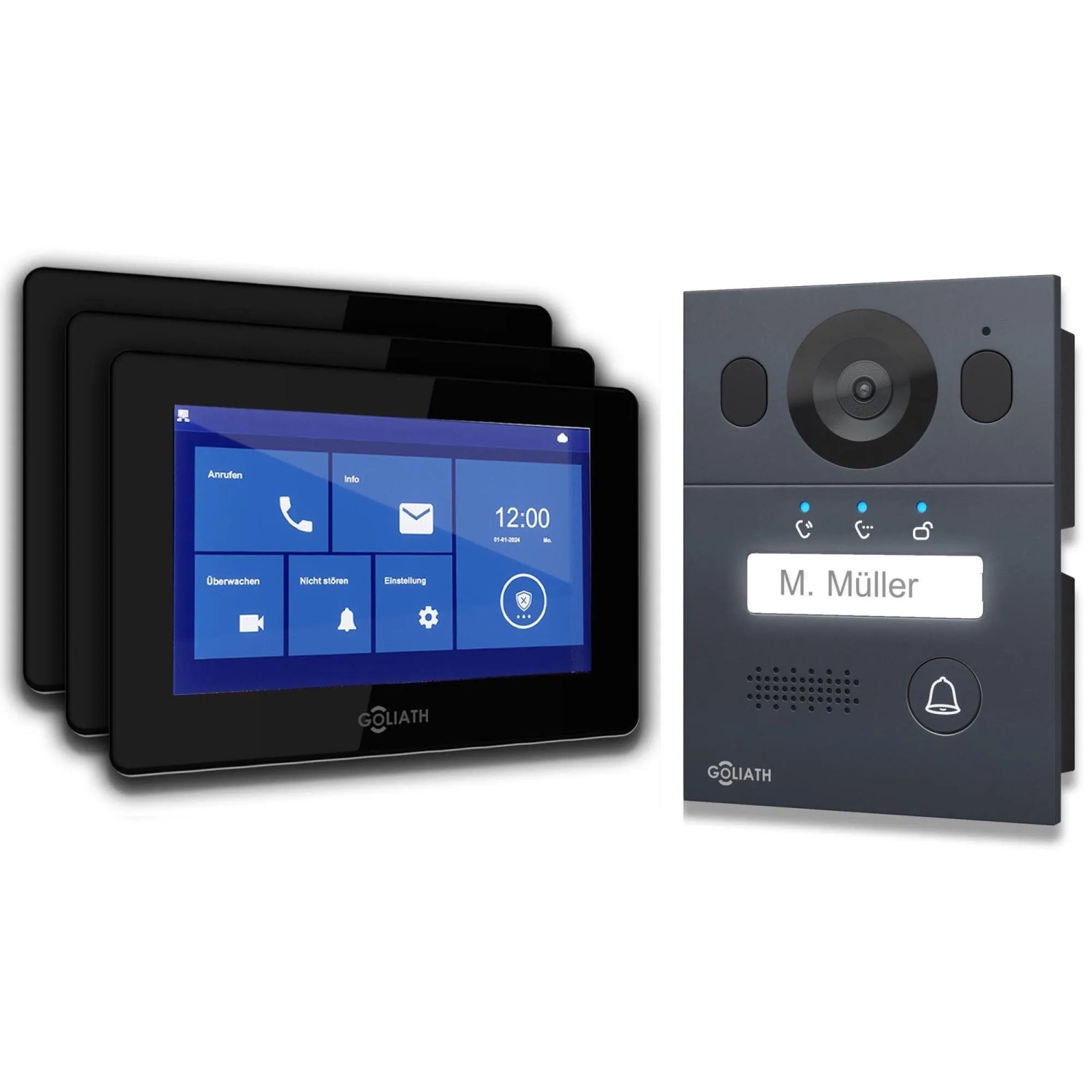 Goliath Basic Line 2-Draht Video Türsprechanlage 3x Monitore Schwarz /Anthrazit Ausenstation Unterputzdose
