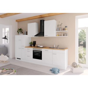 Weiße Küchenzeile 330 cm mit Vintage Eiche-Arbeitsplatte und integrierten E-Geräten wie Backofen und Dunstabzugshaube.