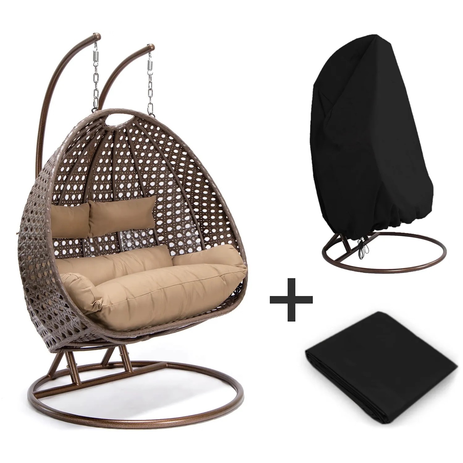Home Deluxe Hängesessel Twin, braun, mit Kissen und Regenabdeckung.
