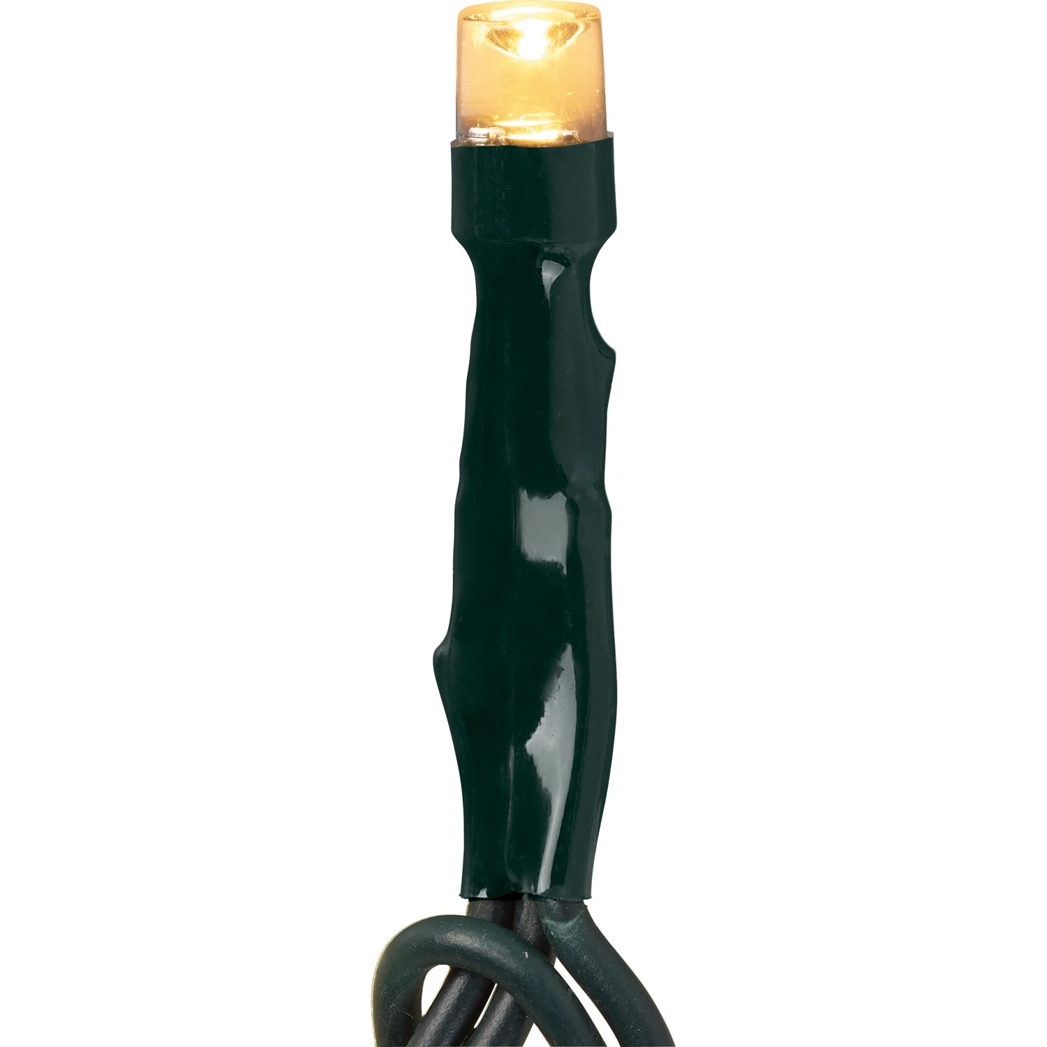 Detailaufnahme: Warmweiße LED Lichterkette mit grünem Kabel für Außen, Timer-Funktion.