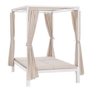 Juskys Doppel Loungebett Kreta: weißes Stahlgestell, beige Polster & Vorhänge. Sonnenliege mit Dach für Garten.