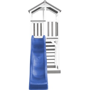 Axi Beach Tower Spielturm mit blauer Rutsche, Leiter und Sandkasten. Spielanlage aus Holz in Grau/Weiß.