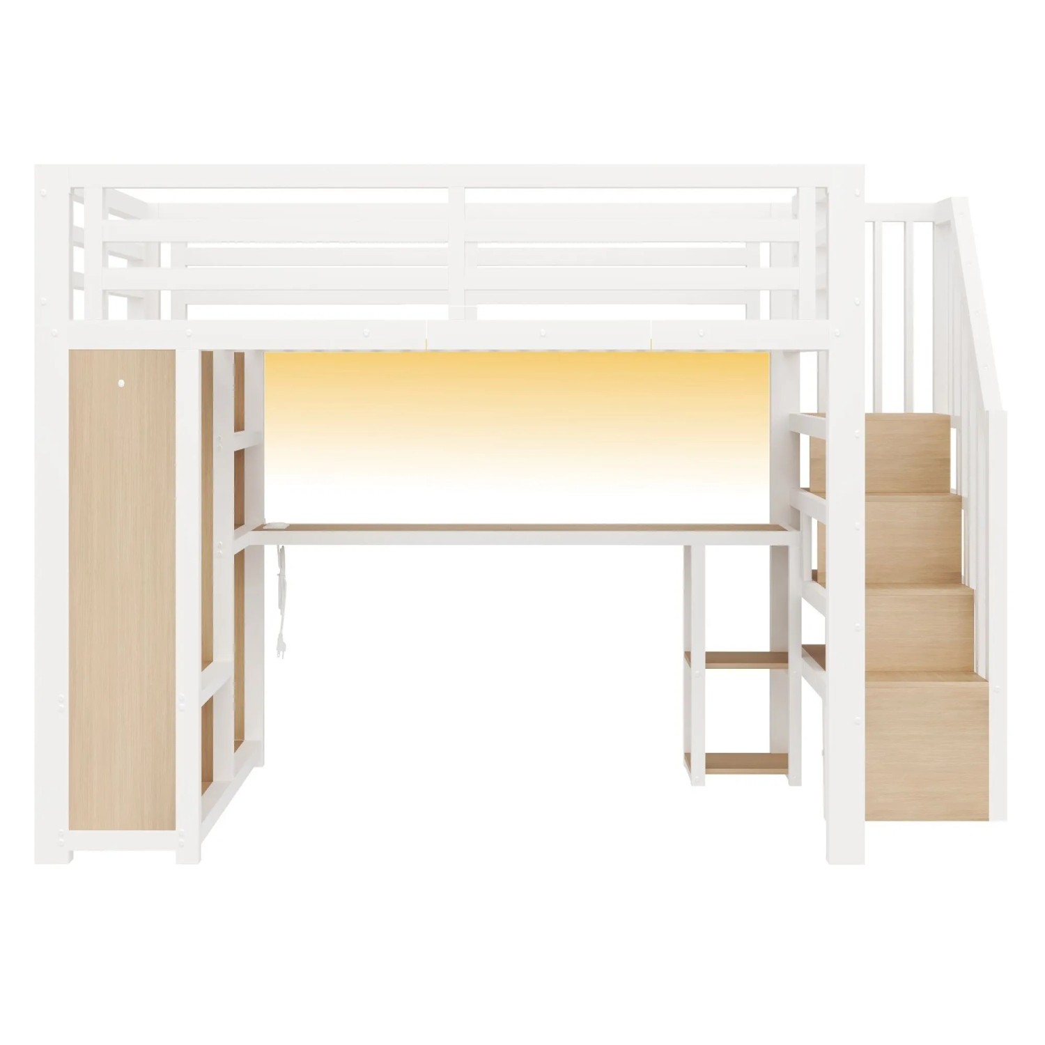 Merax Gaming Metall Hochbett 140x200 cm Mit USB LED Schreibtisch Kleiderschrank Treppe Weiß