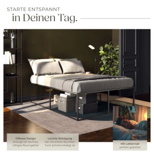 Schwarzes Metallbett Kyoto 140x200 mit Lattenrost und Stauraum unter dem Bett.