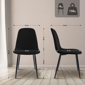 DELUKE Esszimmerstühle RAZON, 4er Set, Stoff Schwarz, mit Maßangaben.