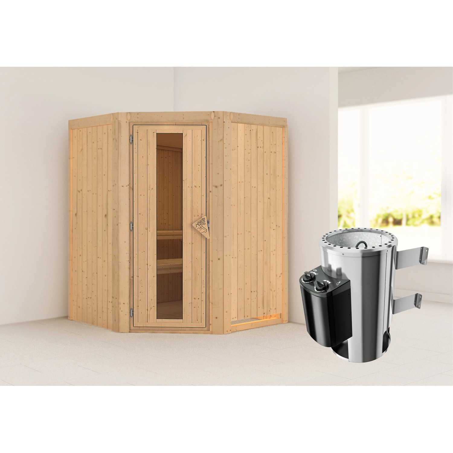 Karibu Sauna mit Ofen integrierte Stg.Natur günstig online kaufen