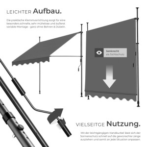 Tectake Klemmmarkise Mit Handkurbel  Ohne Bohren  Uv Beständig Höhenverstellbar 211   304 cm 200 x 180 cm 180 x 200 x 304 cm Schwarz Grau