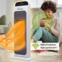 Weißer TroniTechnik Turm-Heizlüfter mit WIFI-Funktion und Frau mit Smartphone im Hintergrund.