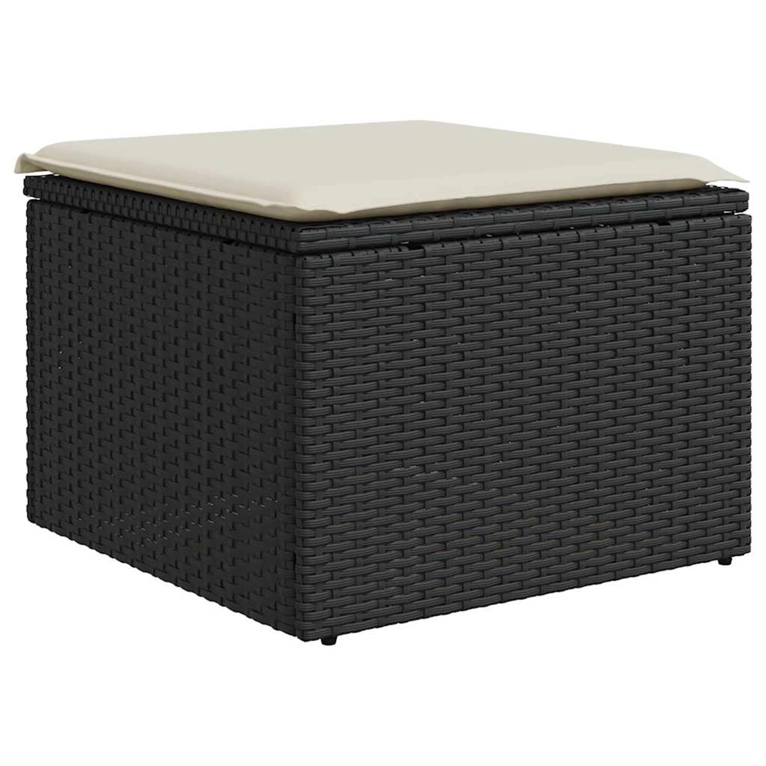 Schwarzer Poly Rattan Hocker mit cremefarbenem Kissen, Teil der vidaXL Garten-Sofagarnitur.