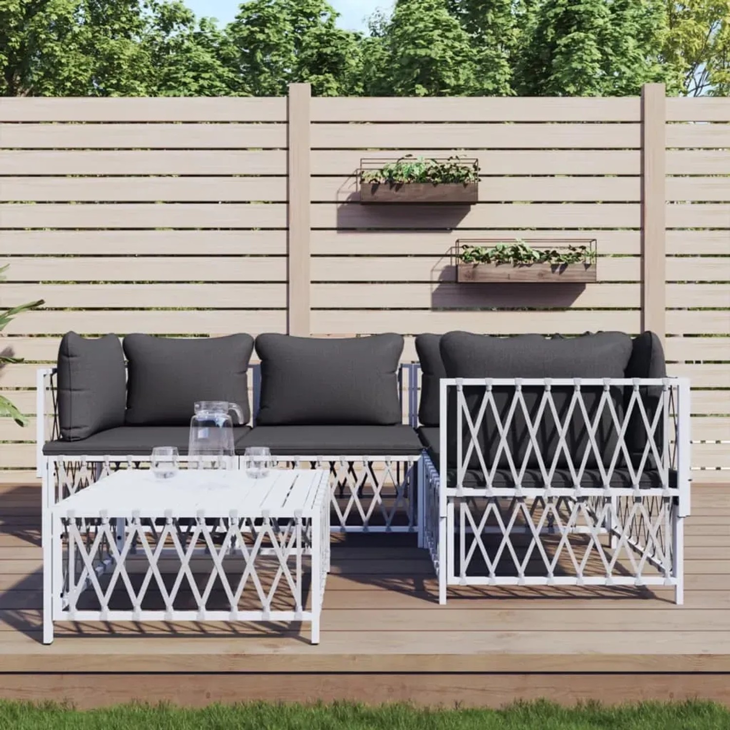 Weißes 5-tlg. vidaXL Garten Lounge Set mit grauen Kissen und Tisch. Gartenmöbel für Terrasse und Garten.