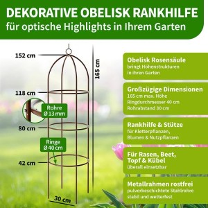 TTL GARDEN Obelisk Rankhilfe L 165 x 40 cm Braun Metall Pulverbeschichtet Rankgitter Rosensäule Kletterhilfe für Rosen Clematis