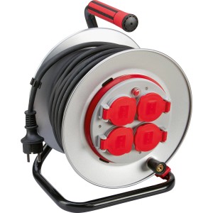 Kabeltrommel mit 25 m Kabel, IP44 Schutz, Überhitzungsschutz und 4 Steckdosen.