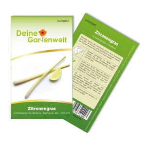 Samenpackung Deine Gartenwelt Zitronengras mit Abbildung von Zitronengrasstängeln und Limettenscheibe für Küchenkräuter.