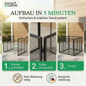 Schwarzer Metall Garten Komposter: 3 Schritte zeigen einfachen Aufbau per Stecksystem in 5 Minuten, kein Werkzeug nötig.
