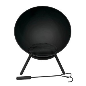 Schwarze Jet-Line Feuerschale Navaro mit Schürhaken und Brennholzrost.