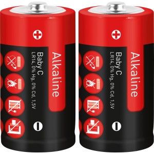 Zwei rote Alkaline Baby C Batterien (LR14) im Doppelpack.