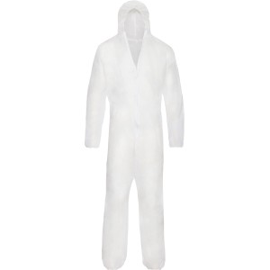 Weißer Einwegoverall aus Polypropylen mit Kapuze für Grobschmutz-Schutz.