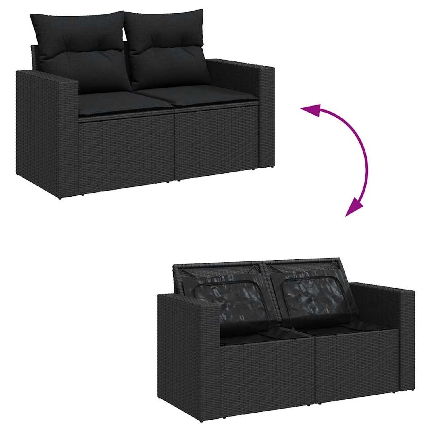 vidaXL 9-tlg. Garten-Sofagarnitur aus schwarzem Rattan mit Staufach und Kissen.