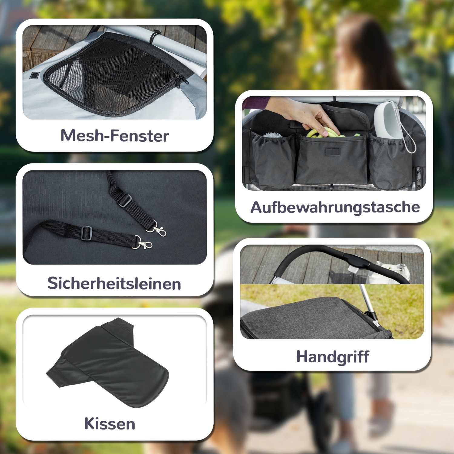 Details des PawHut Hundewagens: Netzfenster, Tasche, Leinen, Kissen und Griff.