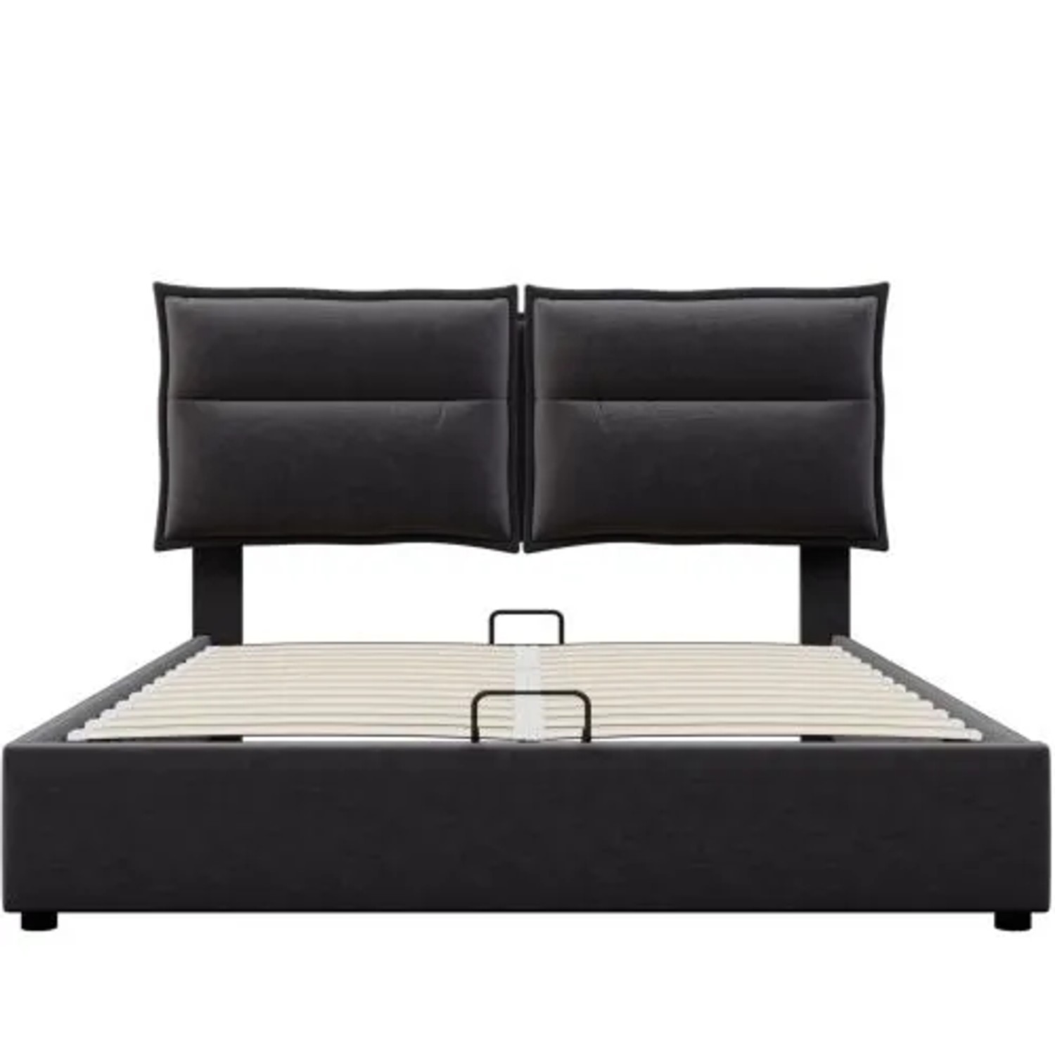 Schwarzes Polster-Doppelbett 140x200cm aus Samt mit gepolstertem Kopfteil und Lattenrost. Hydraulisches Stauraumbett.