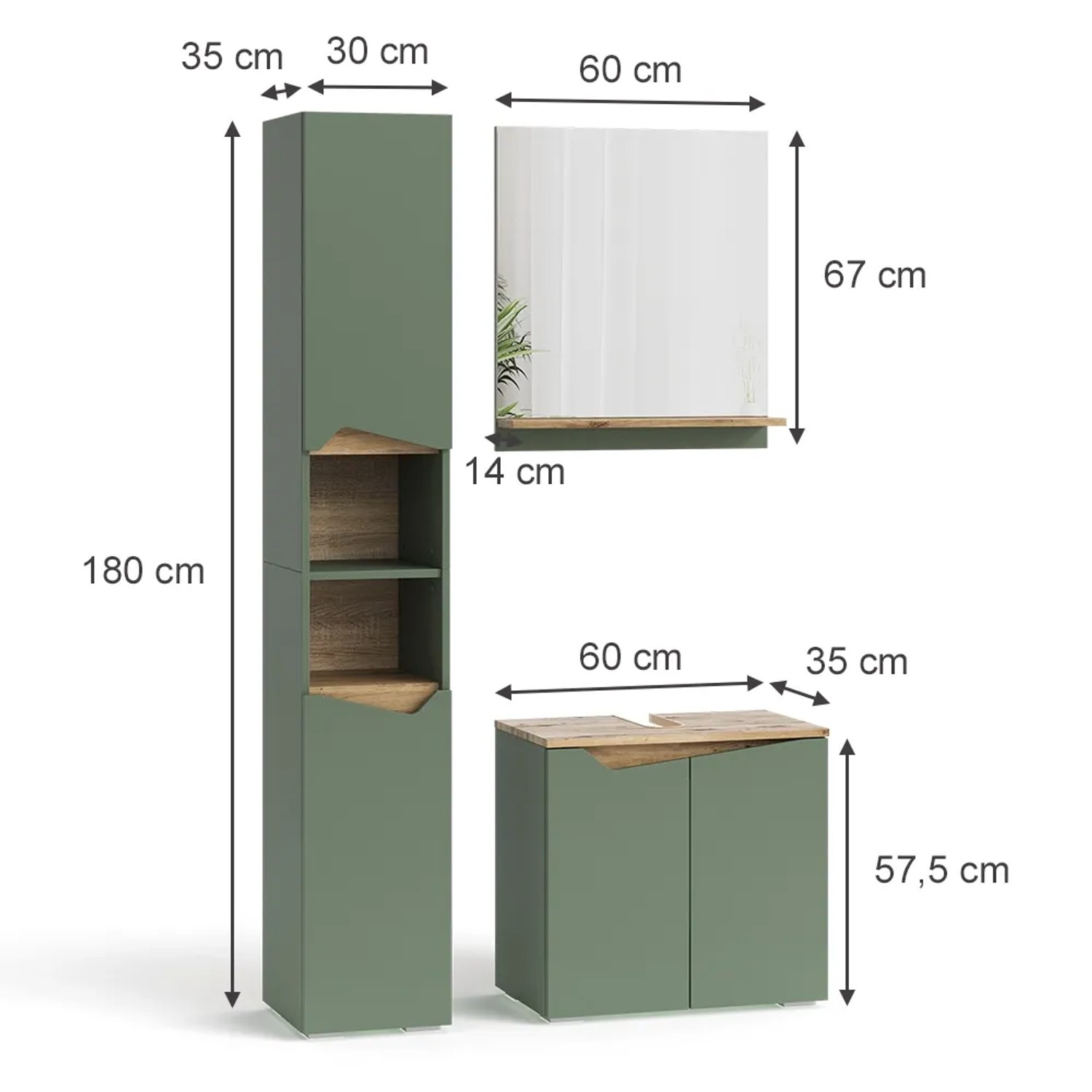 Vicco Badmöbel-Set Marelle, 3-teilig, Grün/Artisan: Hochschrank, Unterschrank, Spiegel. Modernes Design für Ihr Badezimmer.