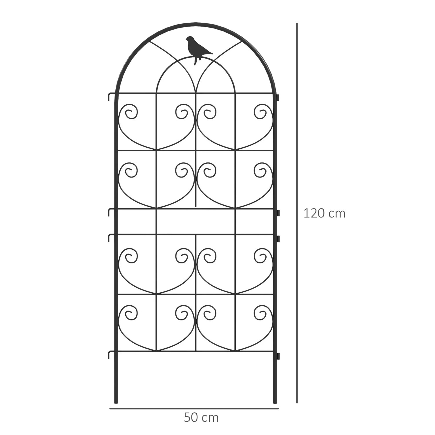 Schwarzes Outsunny Rankgitter in A-Form aus Stahl, 120 cm hoch, mit Vogel-Motiv. Rankhilfe für Garten.