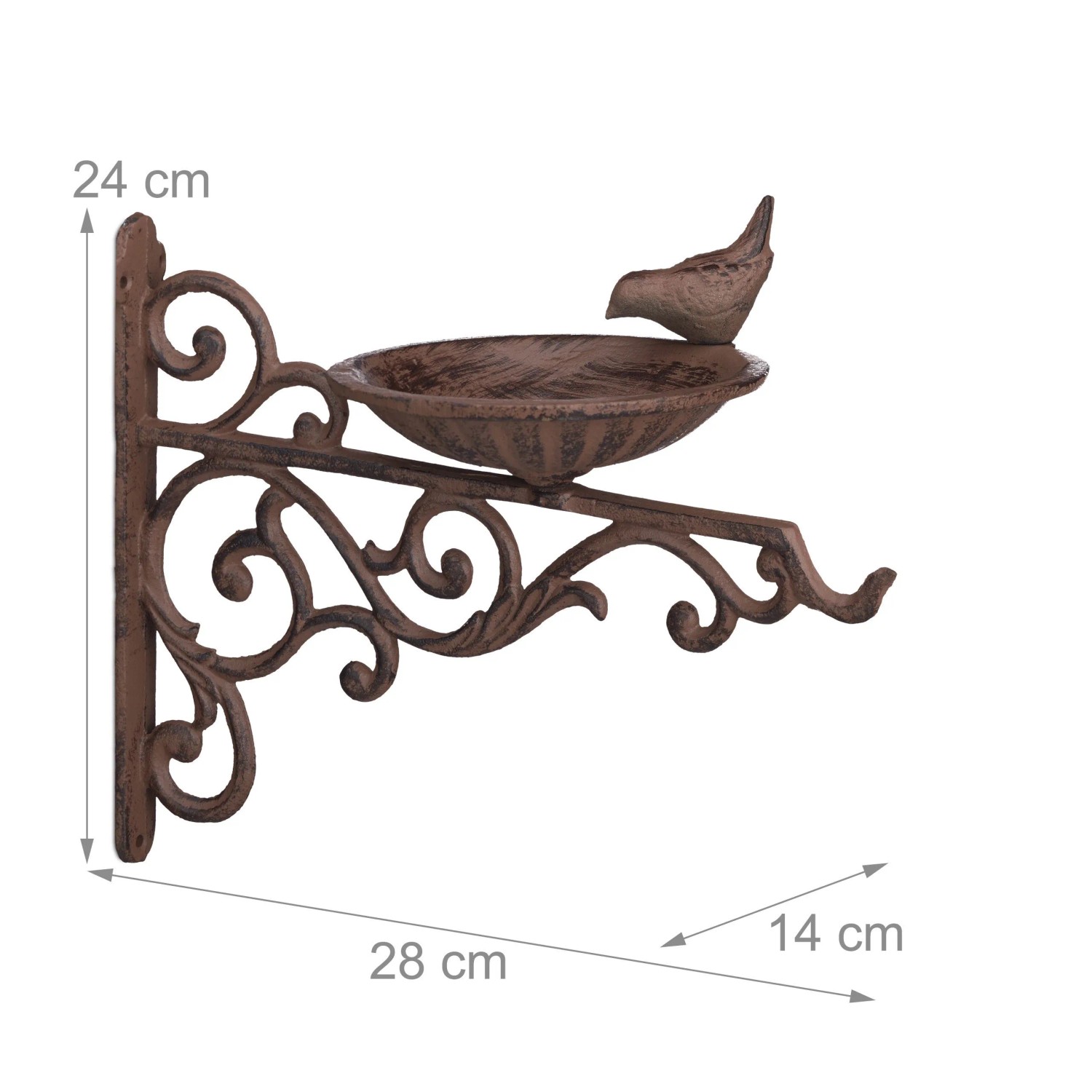 Braune Relaxdays Vogeltränke aus Gusseisen zur Wandmontage mit Vogel Figur.