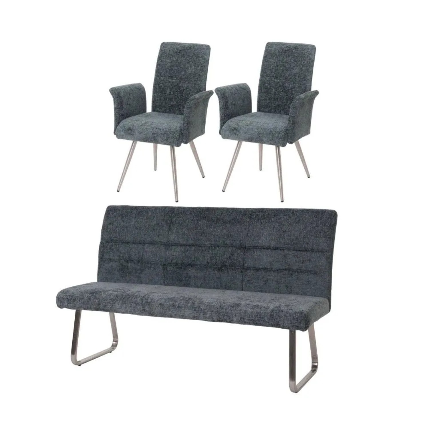 MCW Esszimmer-Set G55 2er-Set Stuhl mit Armlehne+Sitzbank 180cm 3-teilig Stoff Chenille Blau-Grün