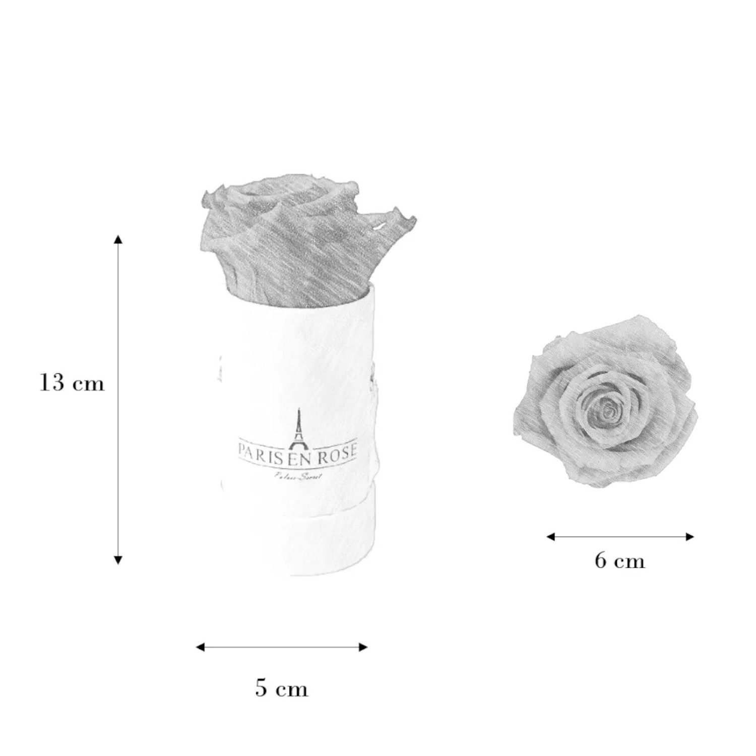 Rosenbox (Ø 5cm) in Schwarz-Roségold mit roter Rose, Maße sind im Bild dargestellt.