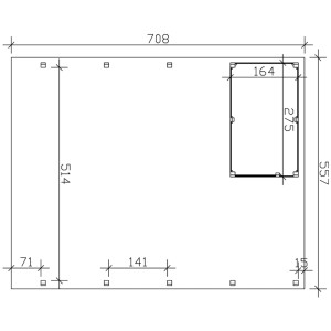 Skizze Carport Friesland Set 4, schiefergrau, 557x708cm, mit Maßangaben und Abstellraum.
